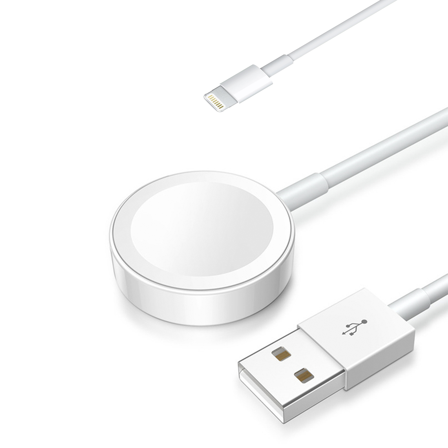 Caricabatterie bianco Apple Watch con connettori USB e lightning.