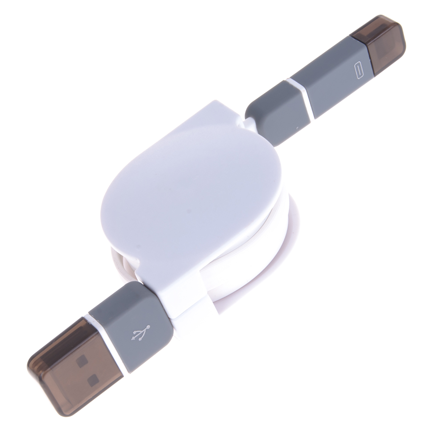Adaptador USB retráctil blanco con conectores USB y Micro USB. Acentos grises en los extremos.