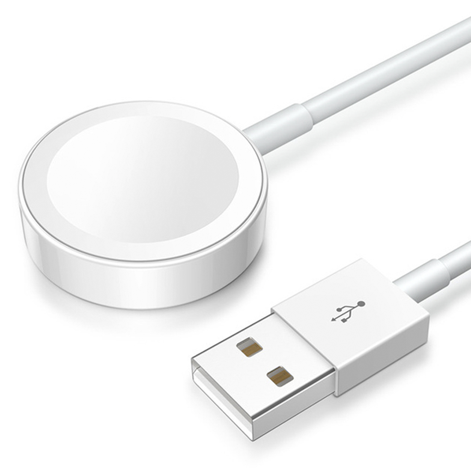 Cargador de reloj circular blanco con un cable USB.