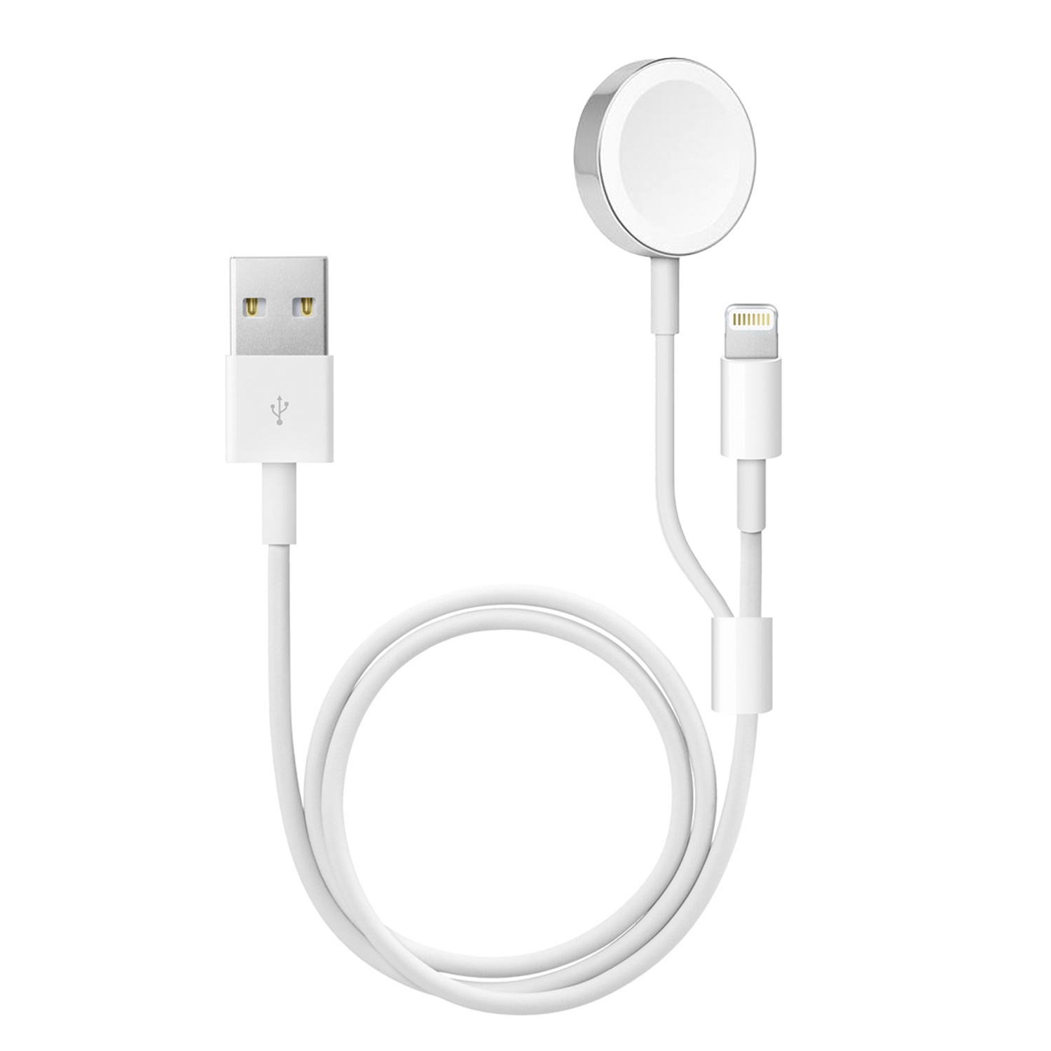 Caricabatterie e cavo Apple Watch bianchi con connettore Lightning. Sfondo bianco.