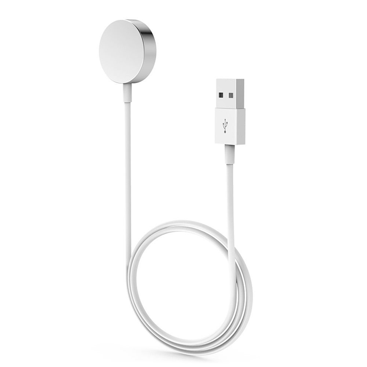 Un cargador blanco de Apple Watch con un cable USB. El cargador es redondo y el cable es blanco.