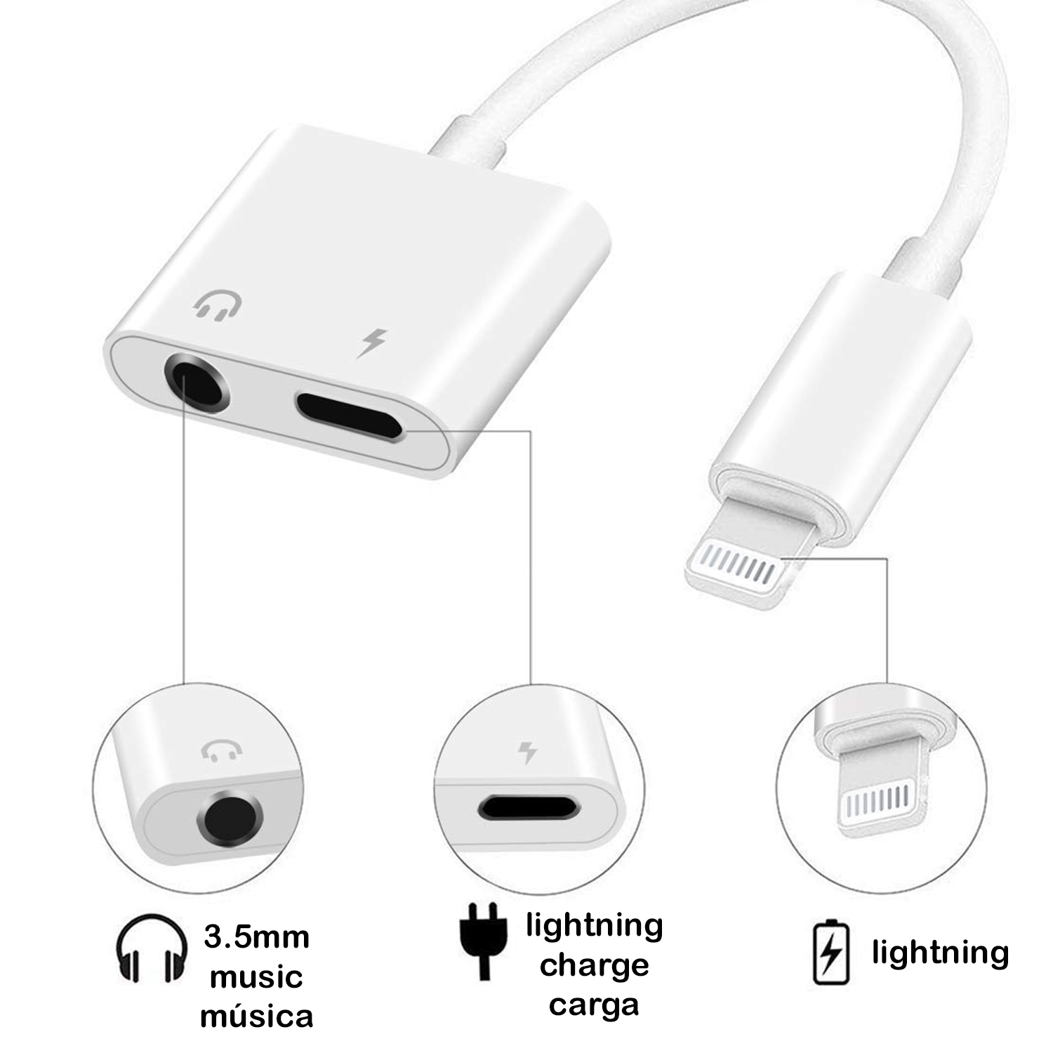 Adaptador blanco de 3.5mm a lightning con etiquetas. Tiene un puerto de 3.5mm.