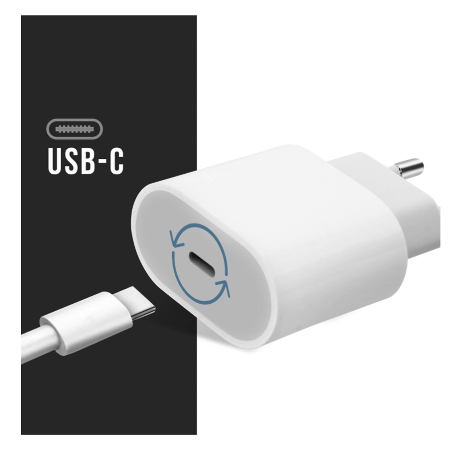 Cargador USB-C blanco. Cable conectado, fondo blanco y negro.