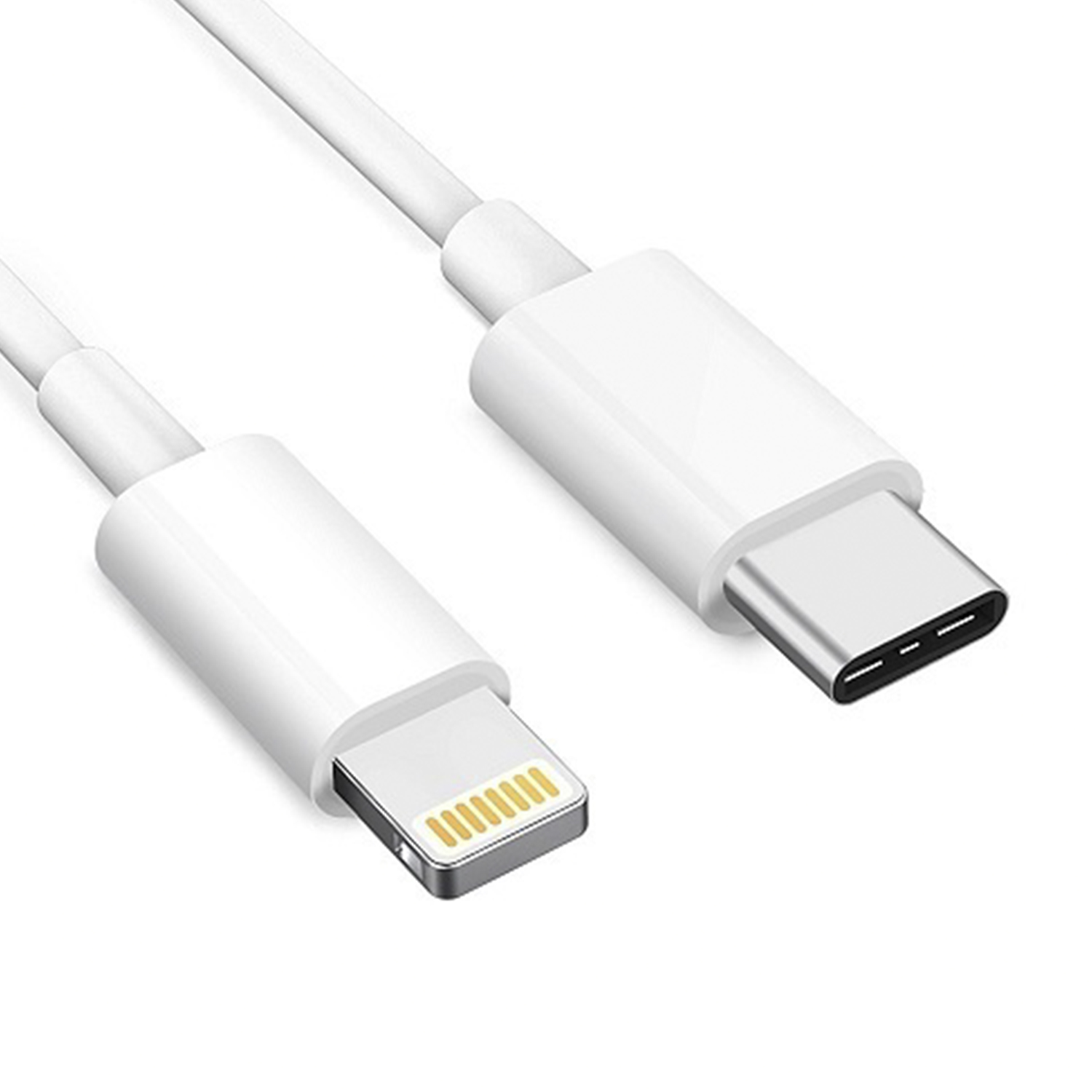 Un cable blanco USB-C a Lightning. Los conectores son claramente visibles.