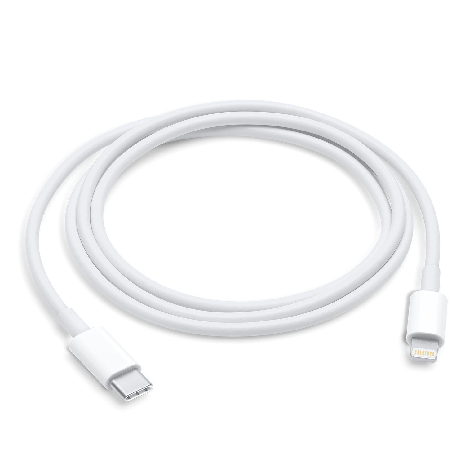 Cable USB-C a Lightning blanco. Conectores en ambos extremos. Aislado sobre fondo blanco.