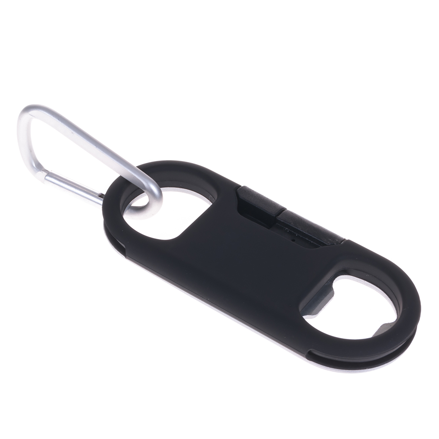 Abridor de botellas negro con un mosquetón plateado. El abridor tiene un agujero para abrir botellas.