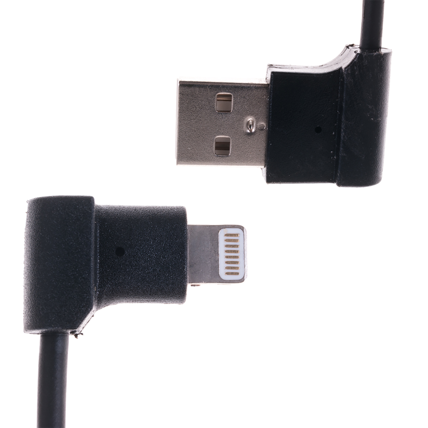 Cable USB a Lightning negro, con conectores en ángulo recto.