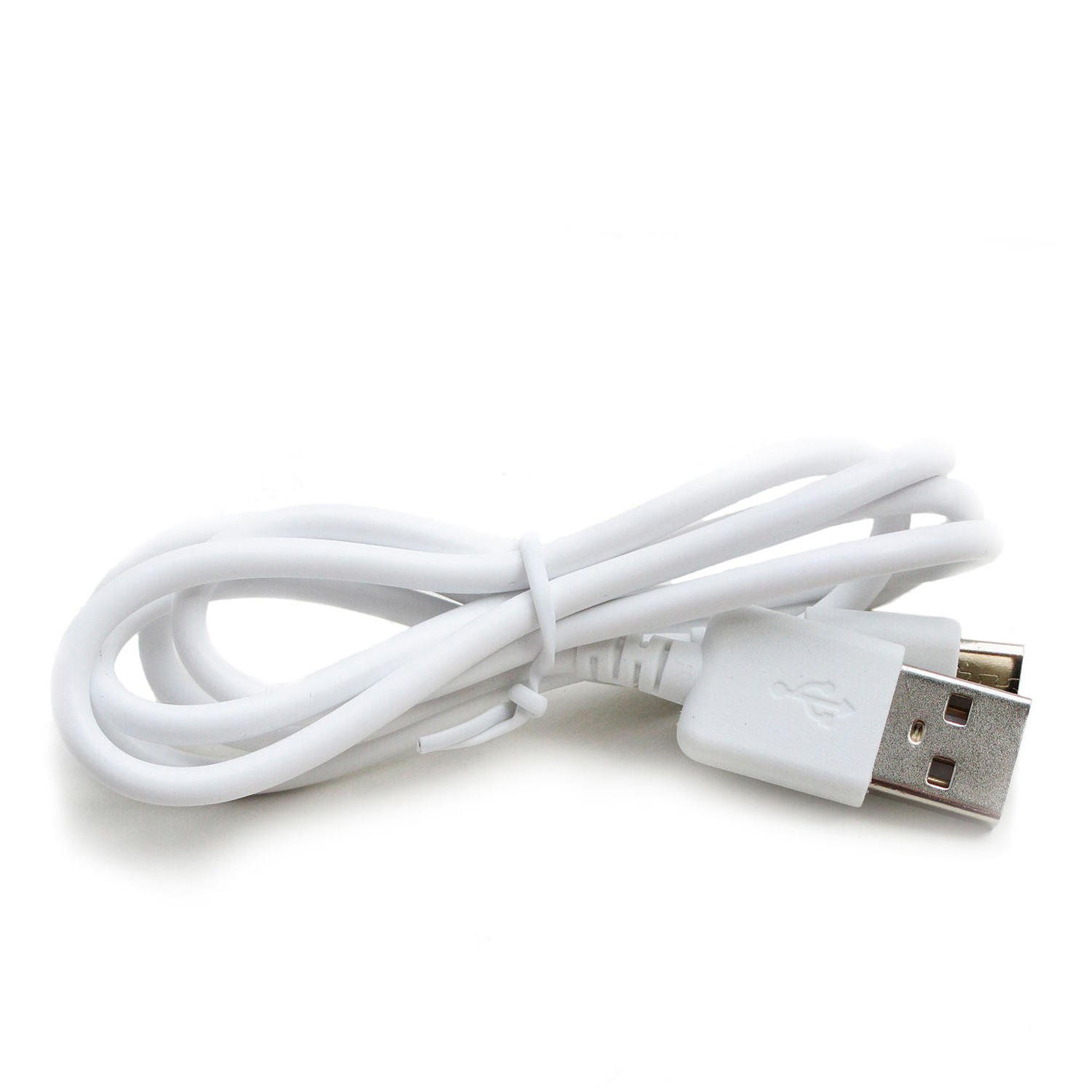 Cavo di ricarica USB bianco, arrotolato su sfondo bianco.