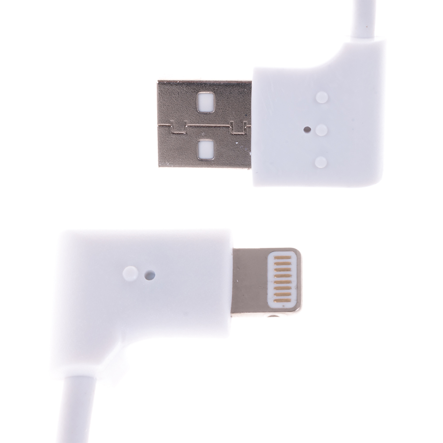 Conectores de cable USB y Lightning blancos, aislados sobre fondo blanco. El USB está enchufado.