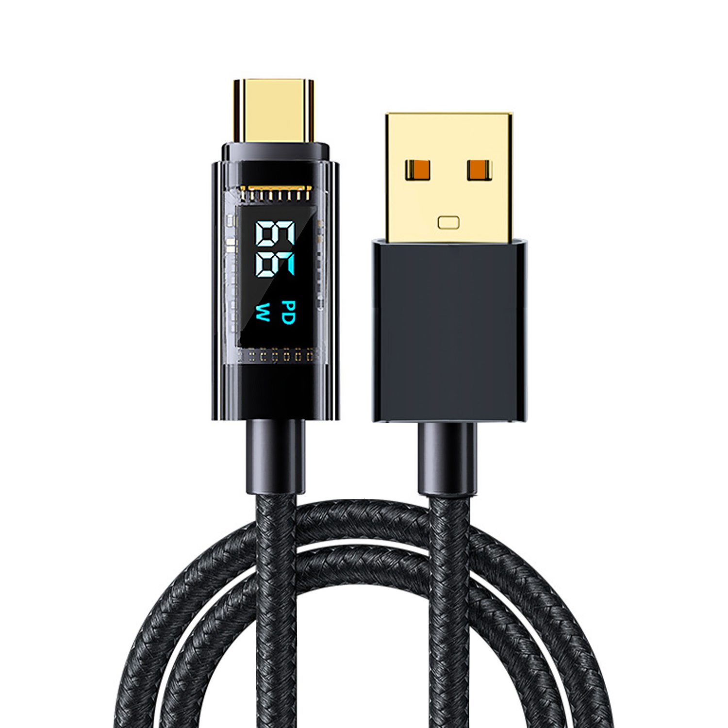 Un cavo di ricarica nero con un connettore USB-C e USB-A, che mostra un display.