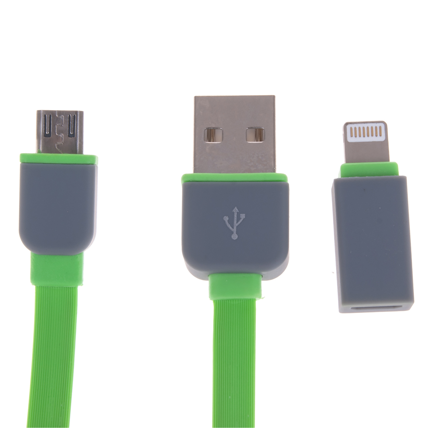 Tres cables de carga con diferentes conectores: micro-USB, USB estándar y lightning.