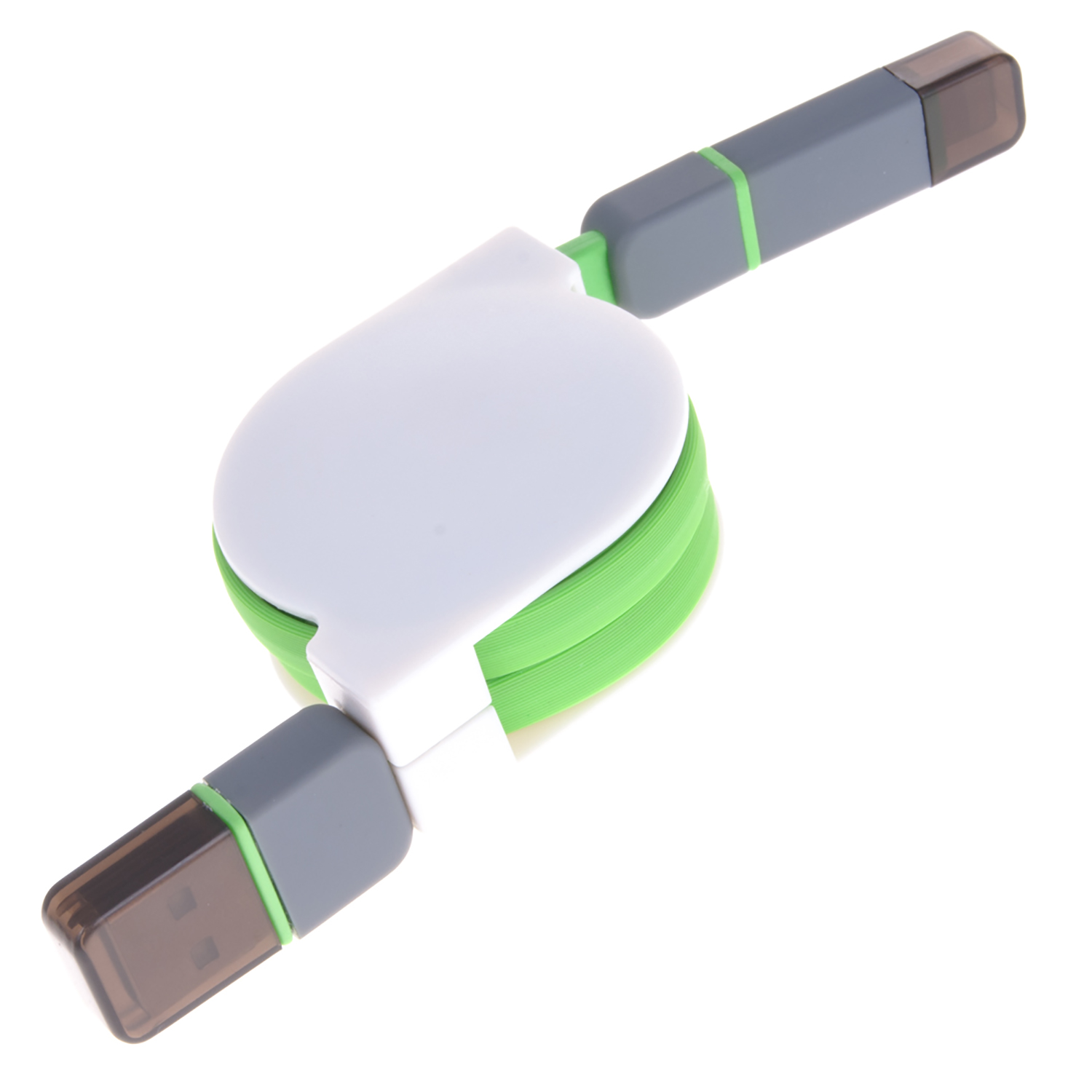 Organizador de cables blanco y gris con detalles verdes. Conectado a dos extremos USB.