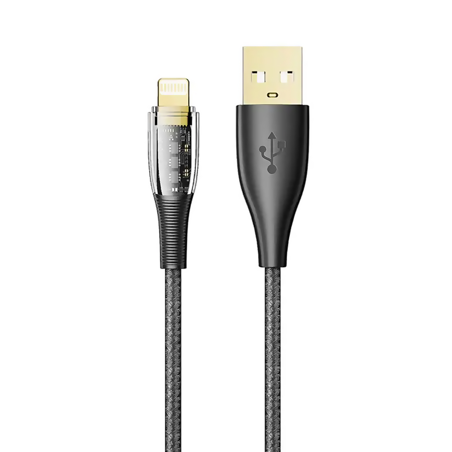 Cable USB a Lightning negro. Cable negro, conector USB dorado, conector Lightning transparente.