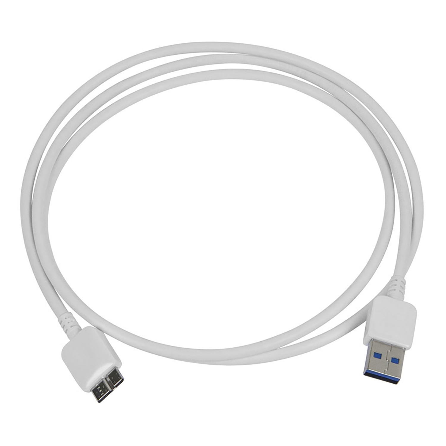 Cable USB blanco con conectores USB y micro USB, fondo blanco.