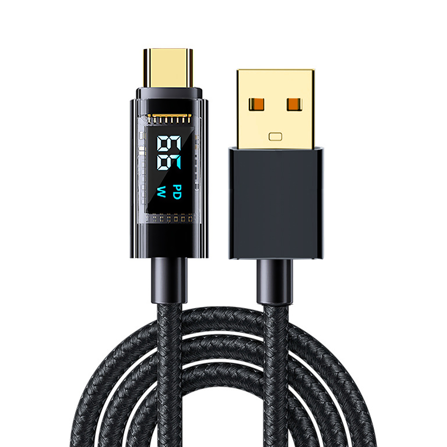 Cavo di ricarica USB-C nero con display digitale. Connettori oro e neri.