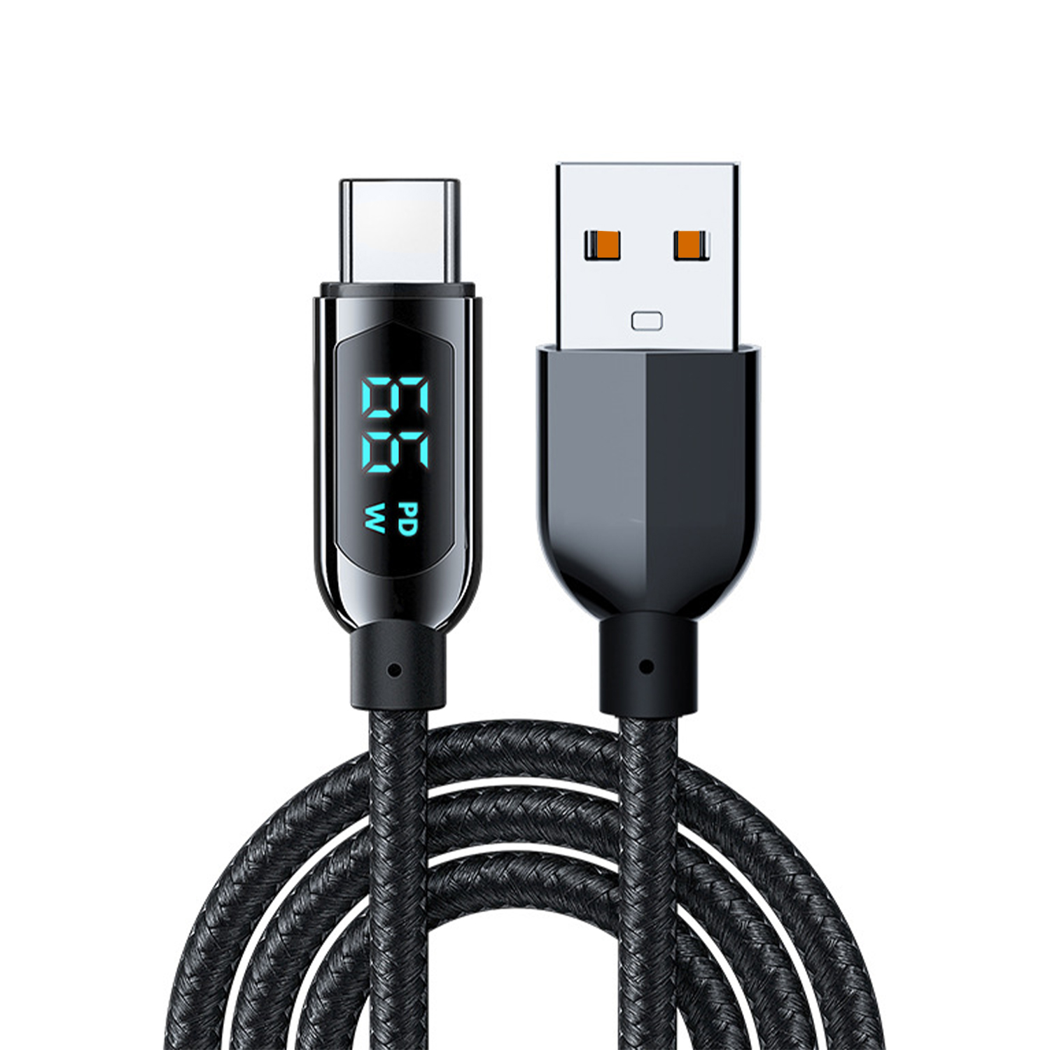Cavo di ricarica USB-C nero con display digitale che mostra '87 W' e cavo intrecciato.