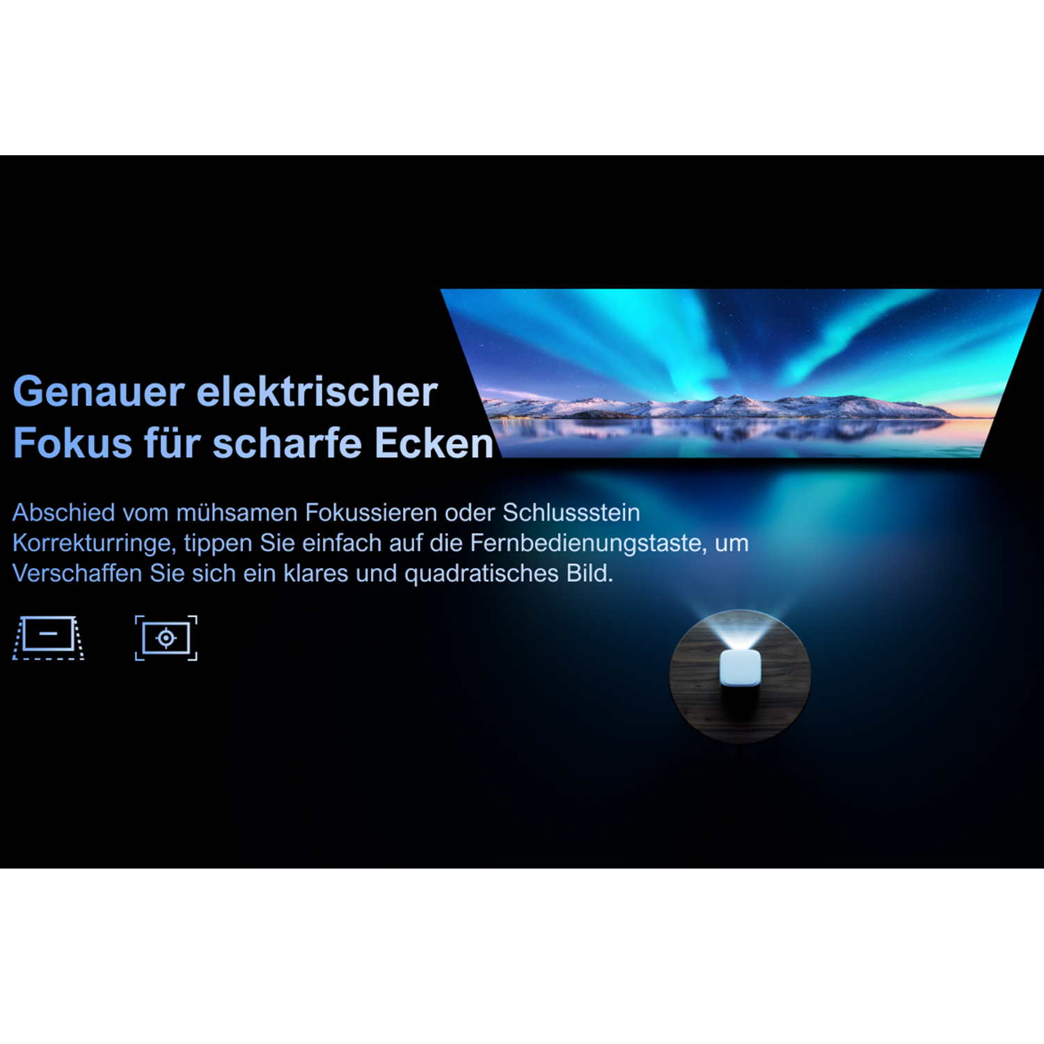 Ein Projektorbild auf dunklem Hintergrund. Text über Fokus und scharfe Ecken.
