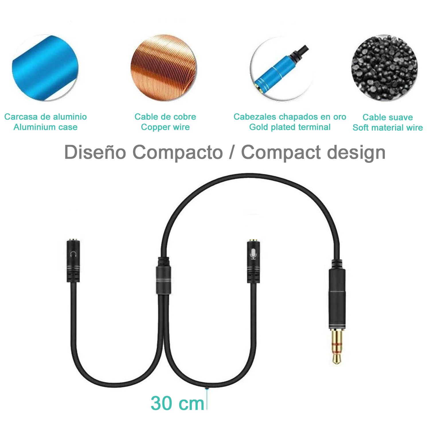 Diagrama de un cable de audio con conectores y etiquetas.