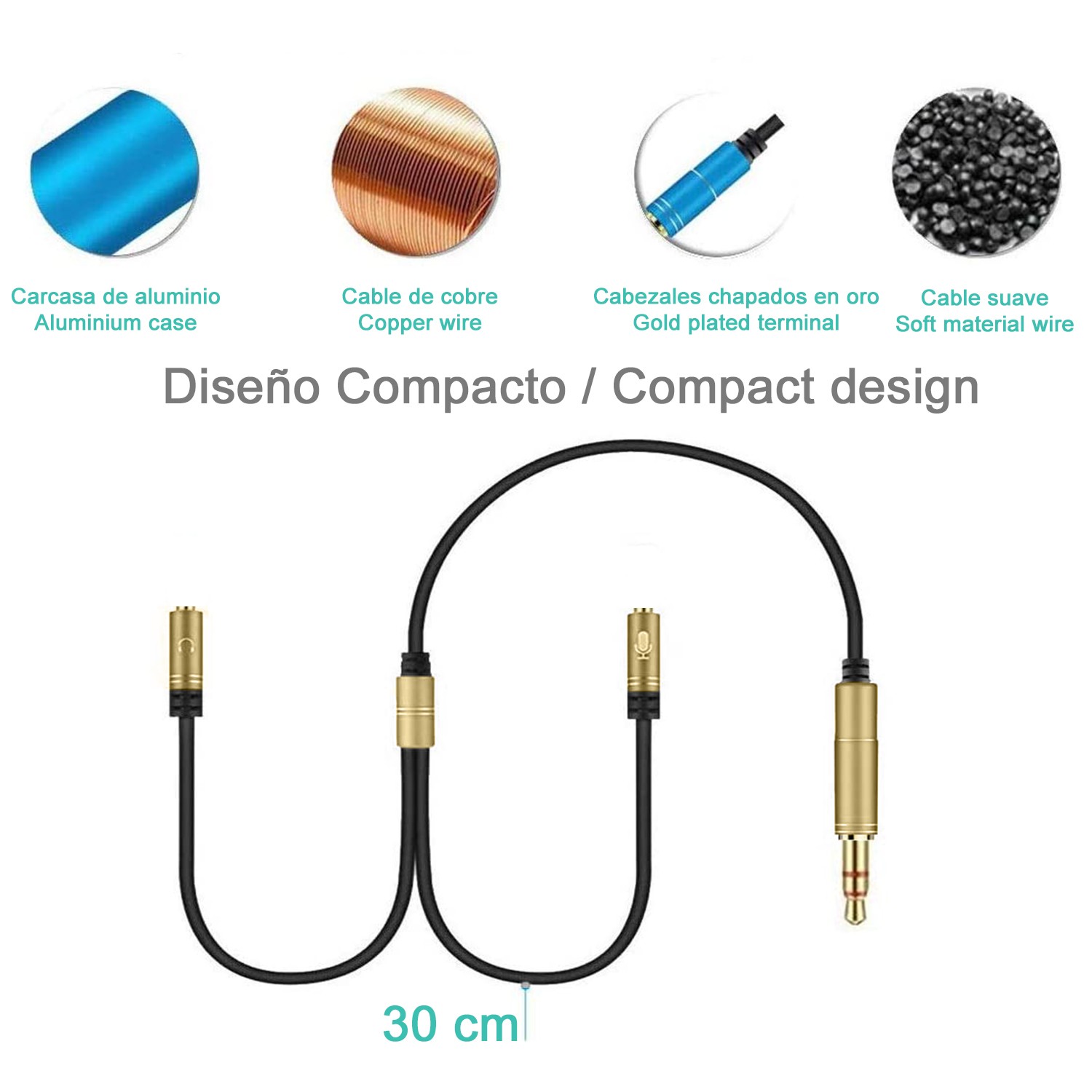 Un cable de audio negro y dorado con un diseño compacto y una longitud de 30 cm.