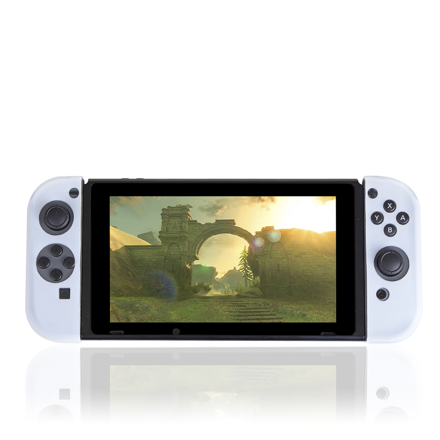 Una consola Nintendo Switch blanca que muestra una escena de juego, con mandos adjuntos.