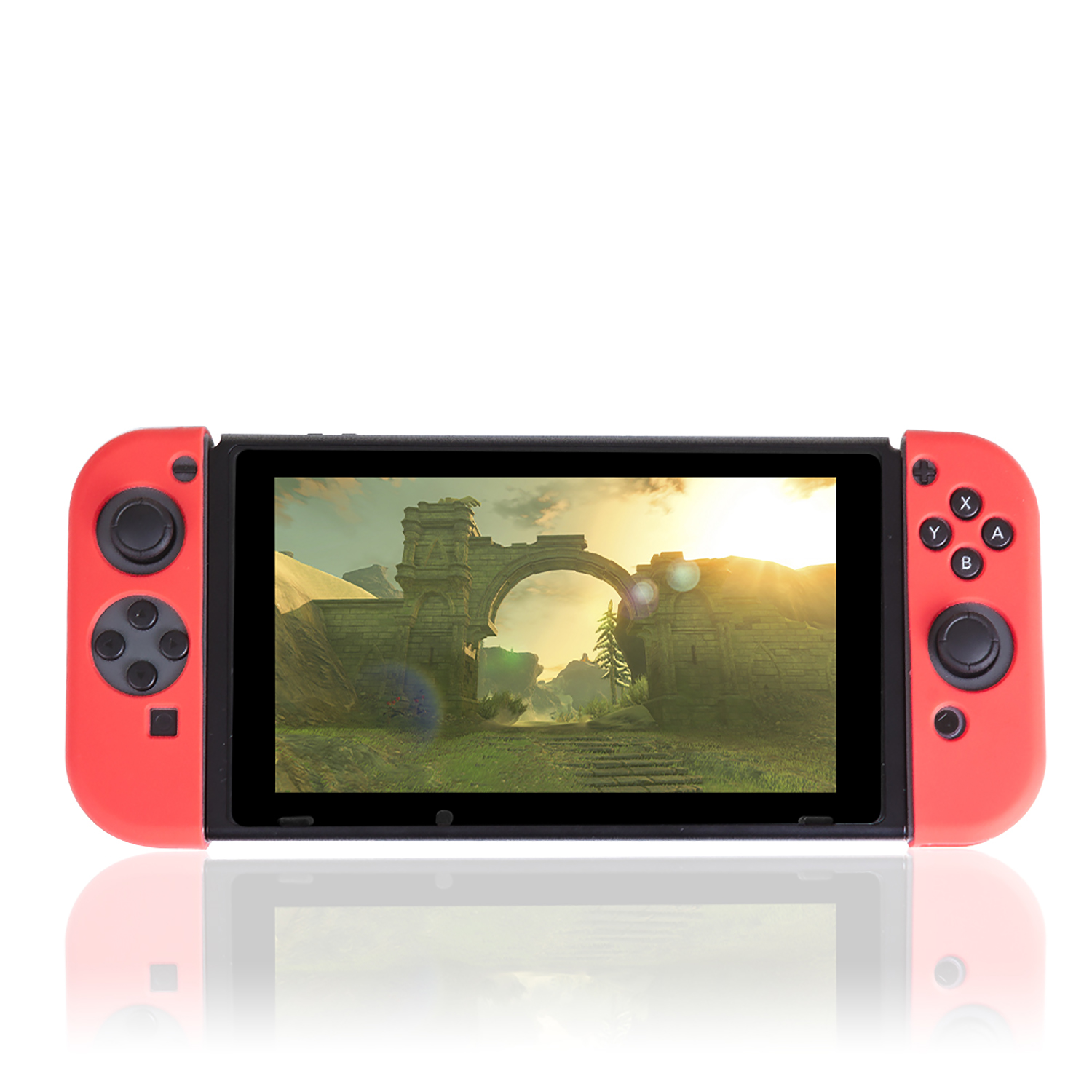 Una consola de juegos roja con mandos adjuntos muestra una escena con un arco de piedra.