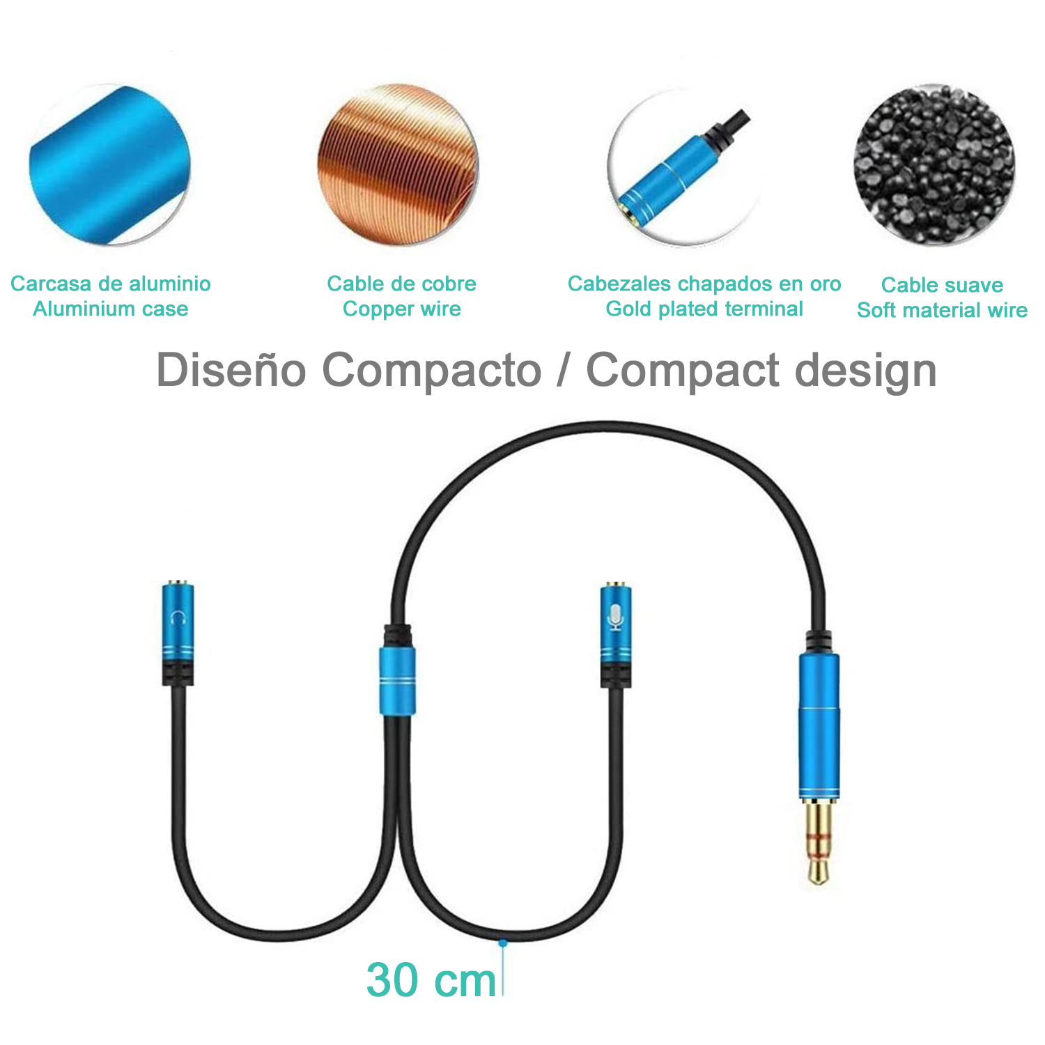 Cable de auriculares con conectores, con el título: Diseño Compacto.