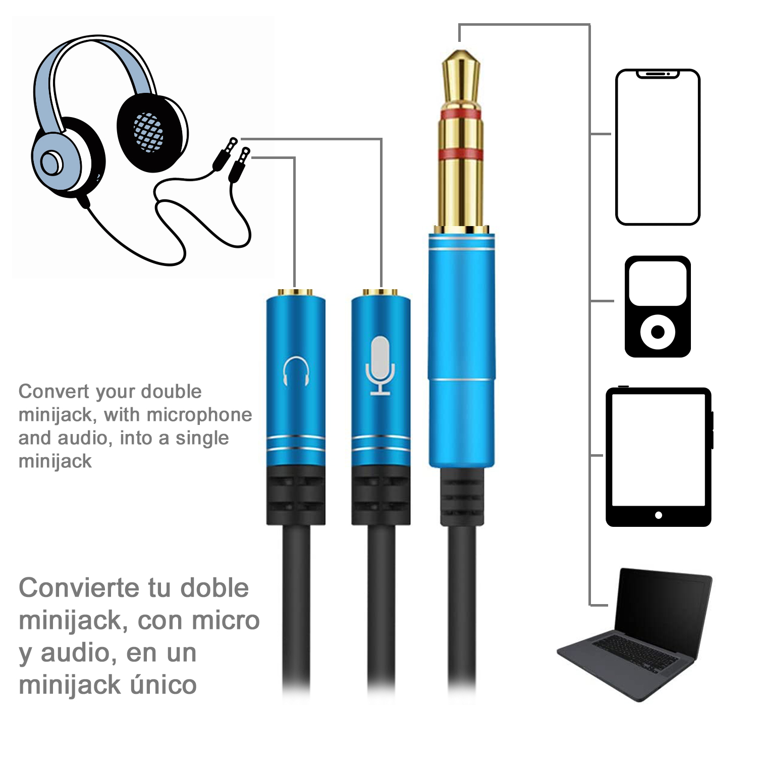 Un adaptador de audio azul que convierte un doble mini-jack en un mini-jack único.