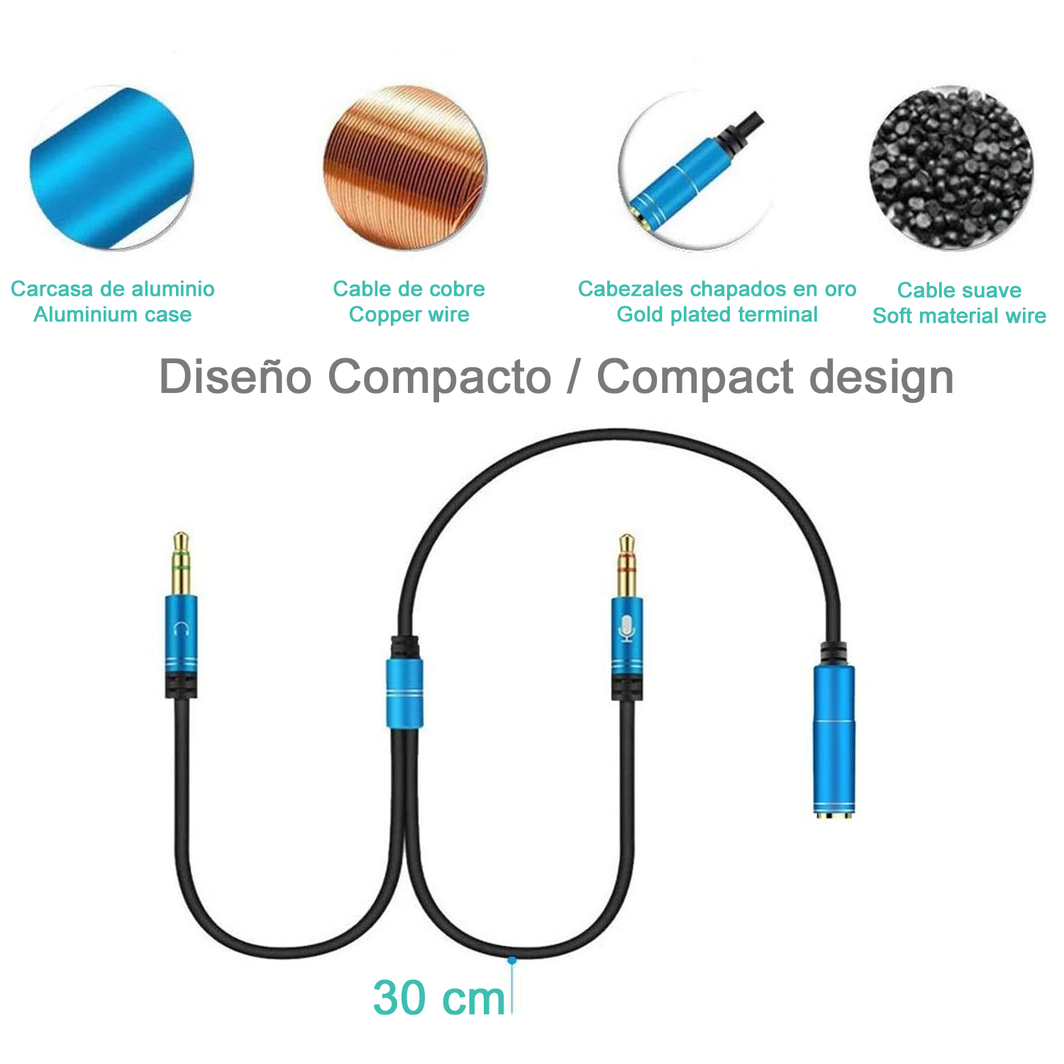Audiokabel mit vergoldeten Anschlüssen und kompaktem Design. Enthält Kupferdraht und Aluminiumgehäuse.