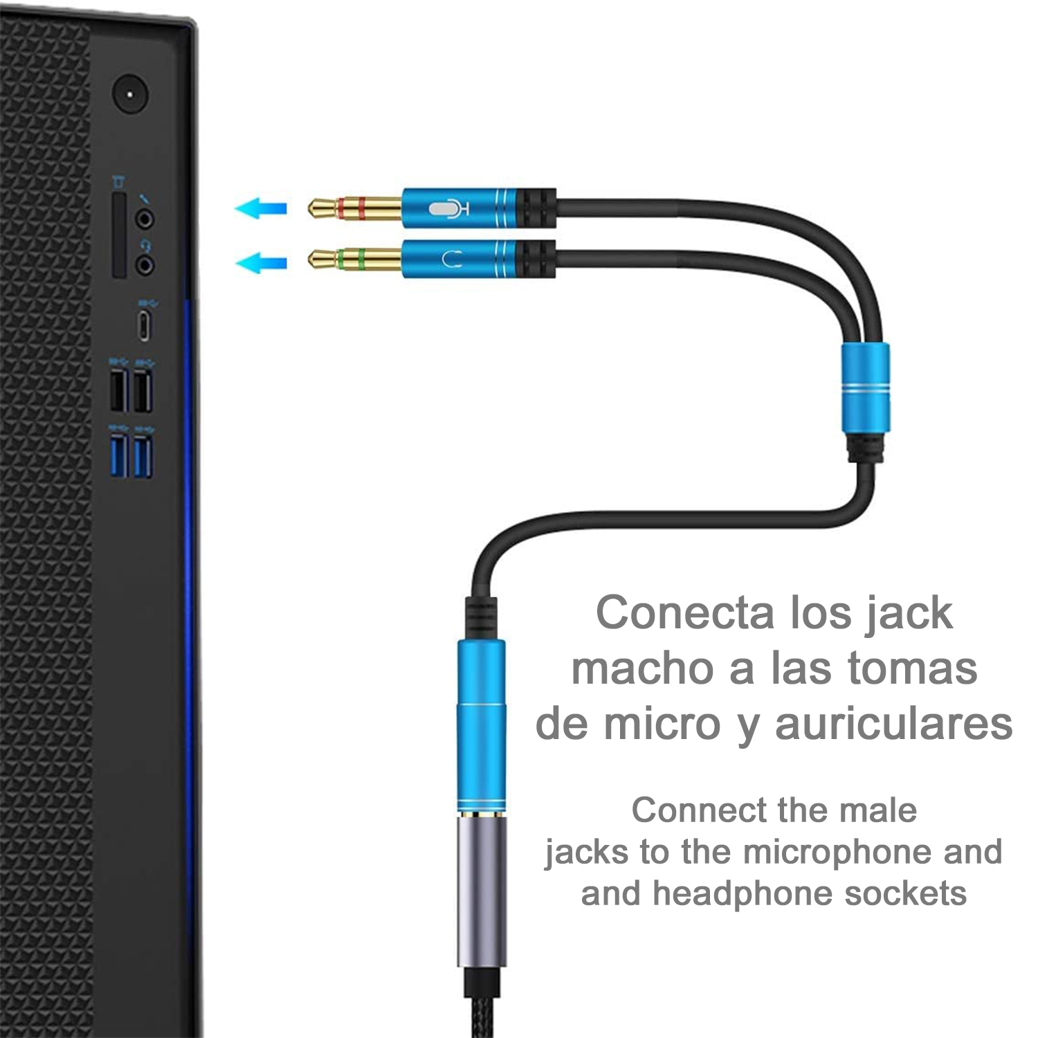 Computer und Audiokabel. Blaue und grüne Buchsen. Anschluss an den Computer.