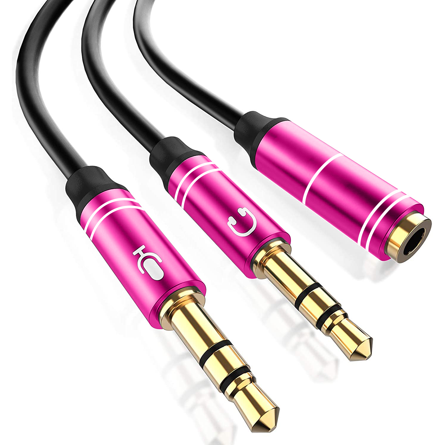 Cable divisor de audio rosa y dorado. Tres conectores: uno hembra, dos macho, fondo blanco.