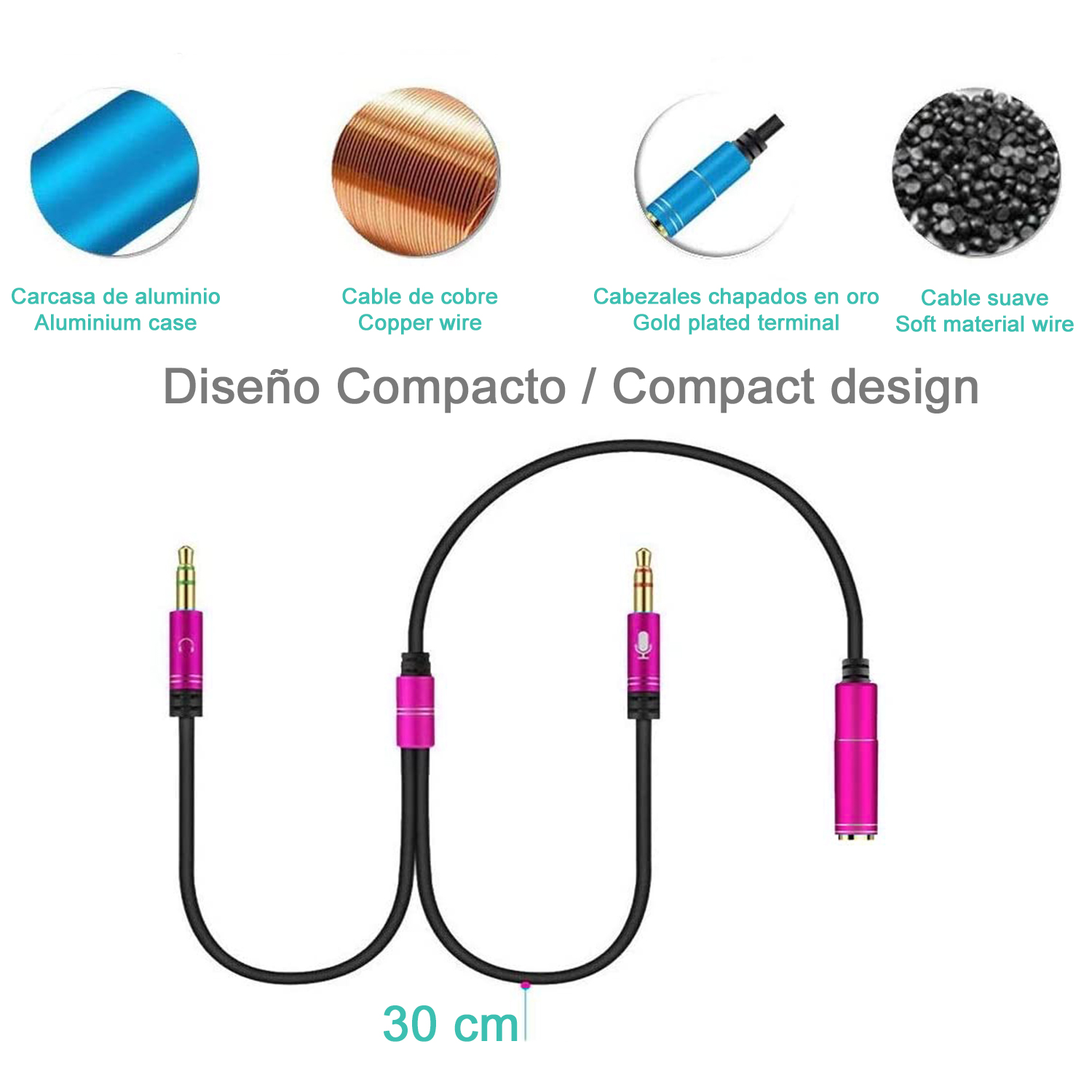 Cable de audio rosa y negro con conectores y etiquetas de texto sobre fondo blanco.