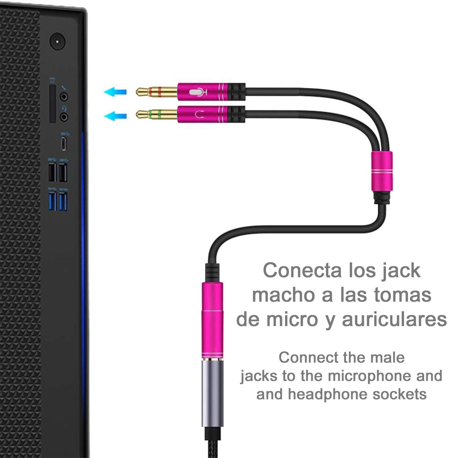 Ordenador con conectores de audio rosa y negro. Texto indica conectar los conectores macho a las tomas.