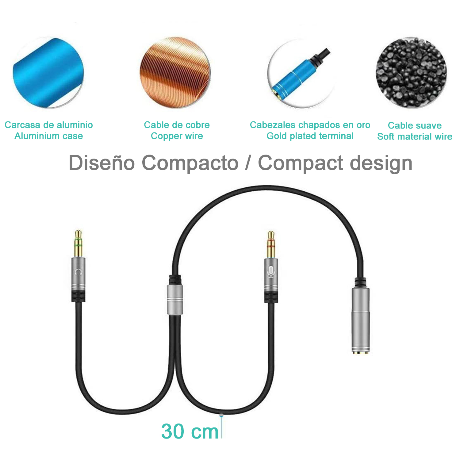 Ein schwarzes Kabel mit vergoldeten Anschlüssen und einem silbernen Mittelteil. Die Abbildung zeigt Details.