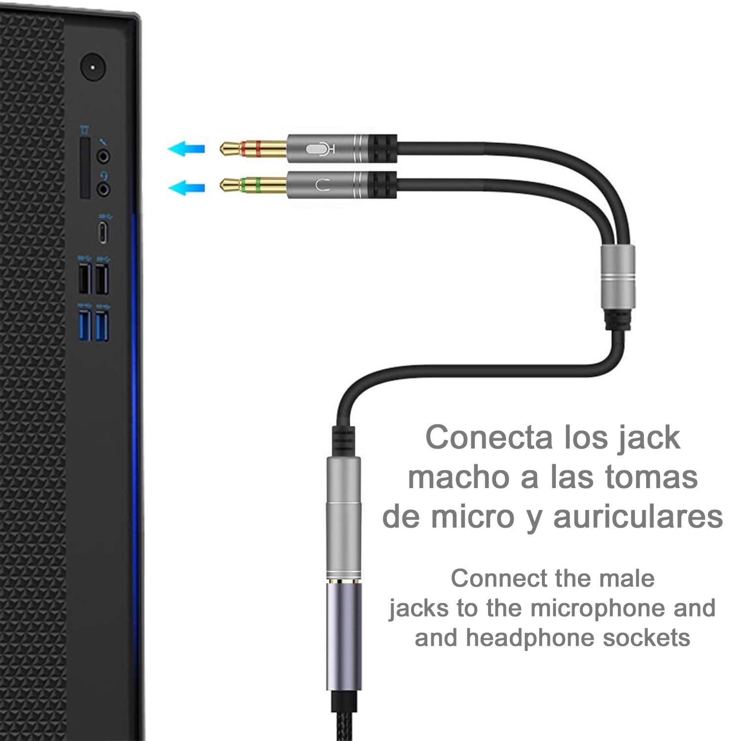 Nahaufnahme eines Computers und angeschlossener Audiokabel. Spanischer Text. Weißer Hintergrund.