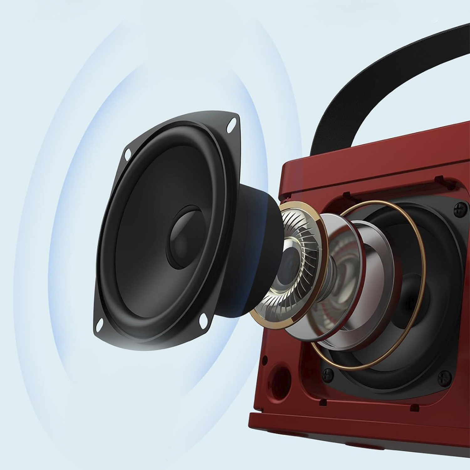 Altavoz rojo con componentes explotados y ondas sonoras azules.