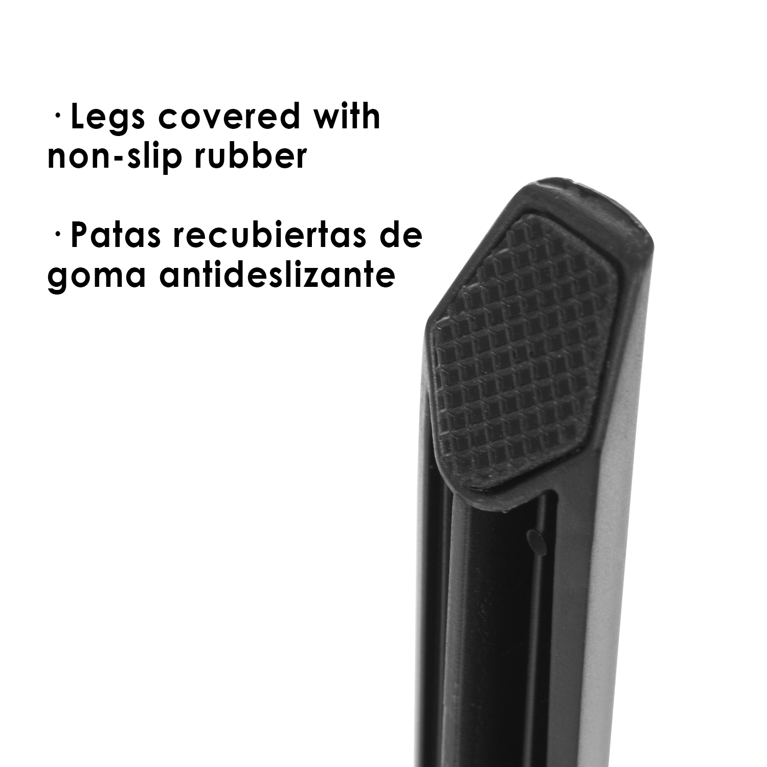 Primer plano de la pata de un objeto negro, con goma antideslizante.
