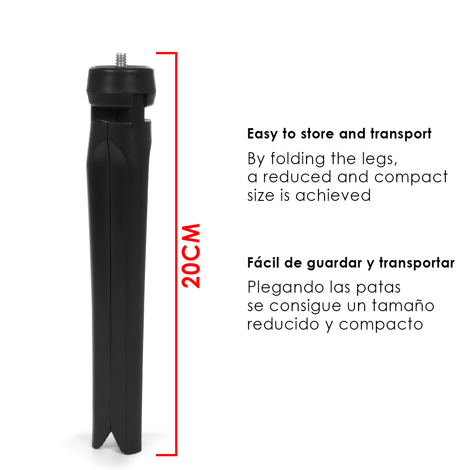 Un trípode negro y plegable, con una línea de medición roja que indica 20 cm de altura.