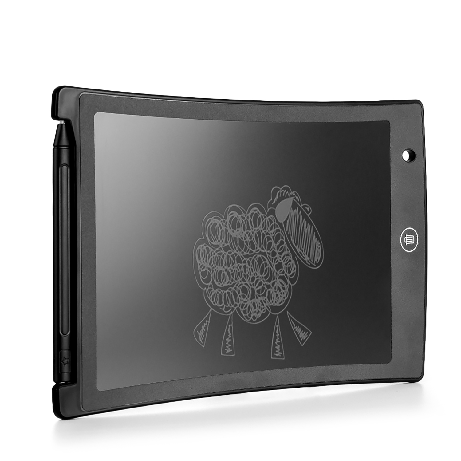 Tablet nero con disegno di pecora. Stilo a sinistra. Sfondo bianco.