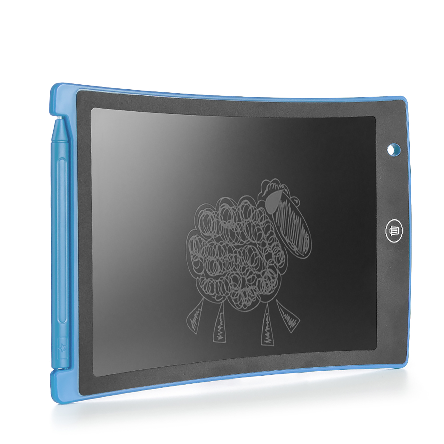 Tablet blu con un disegno di pecora sullo schermo.