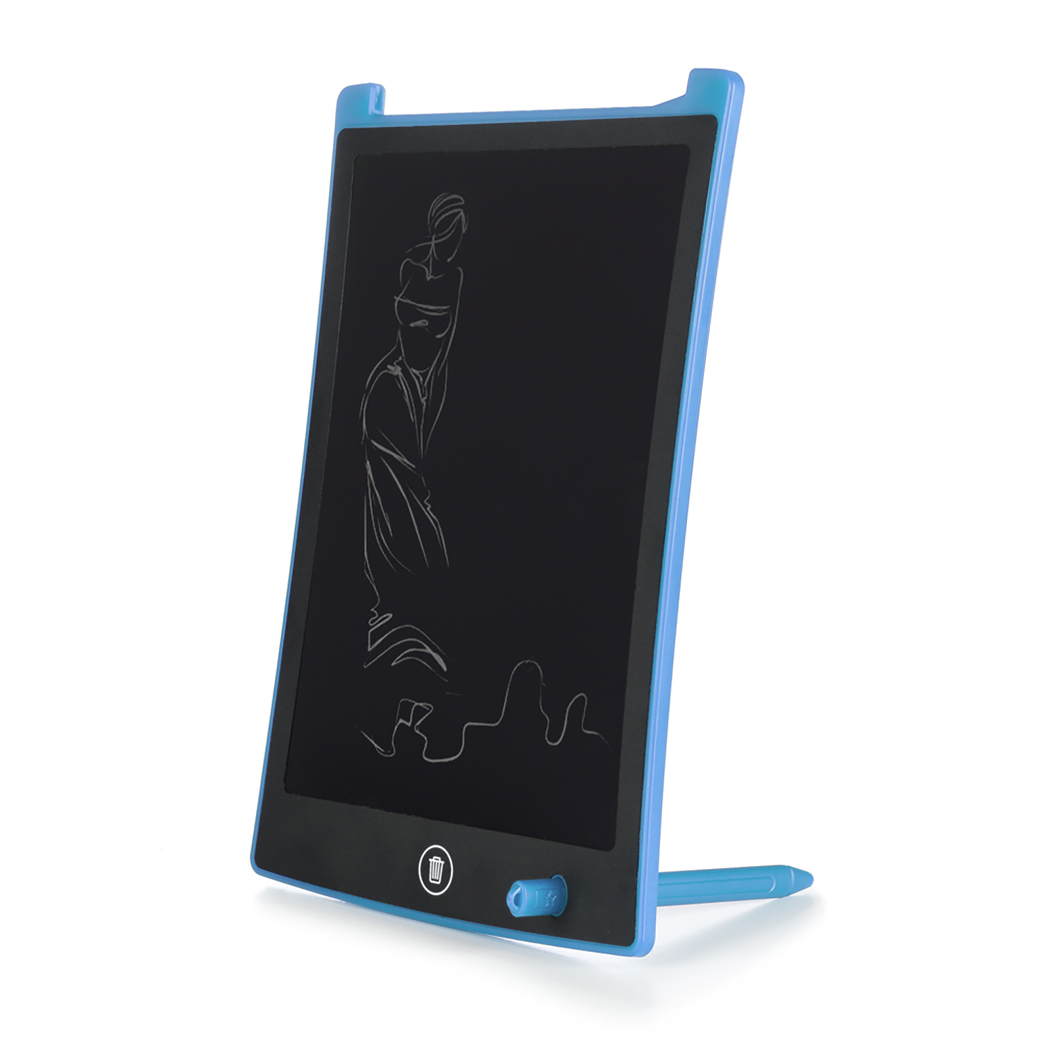 Un tablet da disegno con cornice blu mostra un bozzetto di donna a linee bianche.