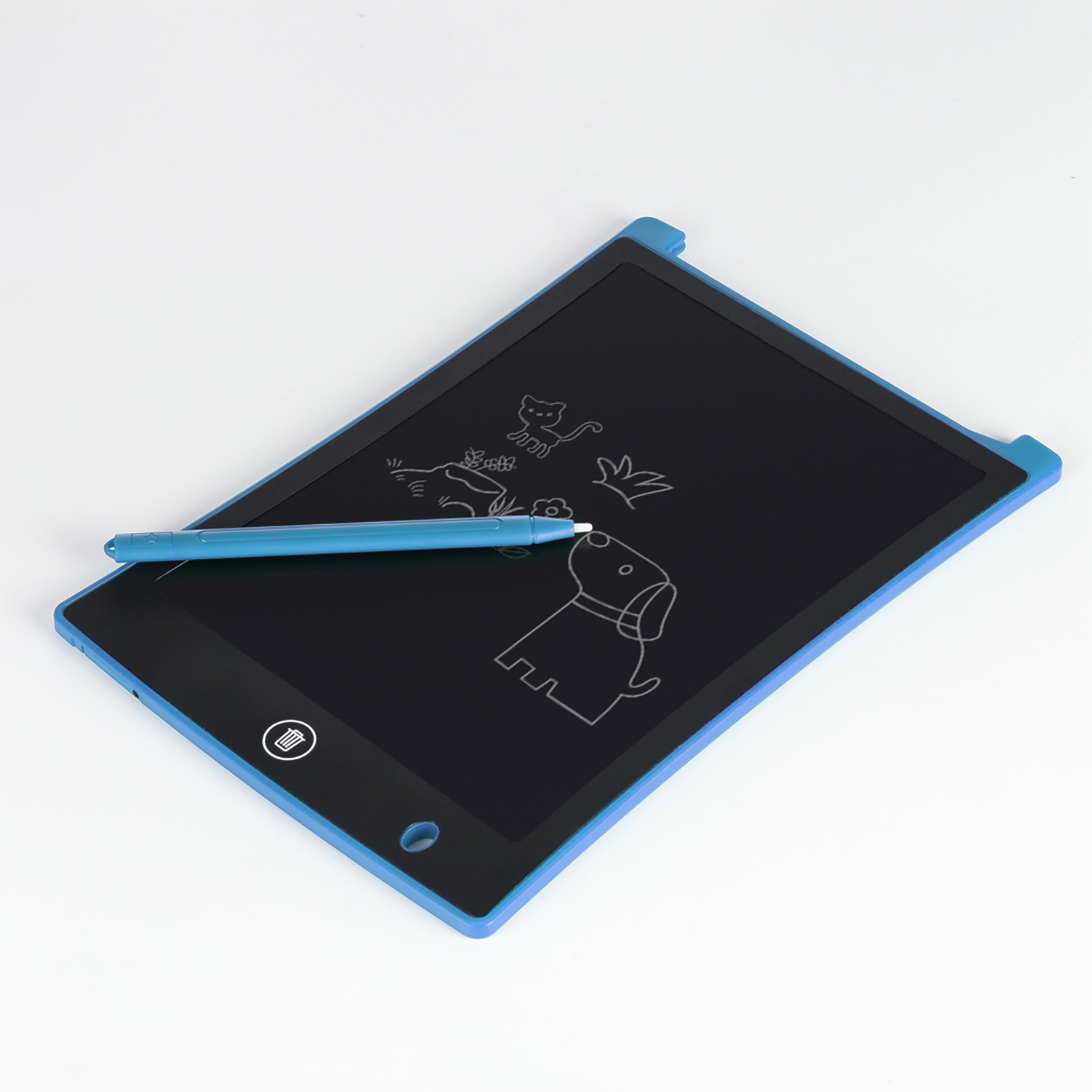 Tavoletta da disegno con cornice blu e stilo. Sullo schermo è mostrato il disegno di un gatto e un cane.