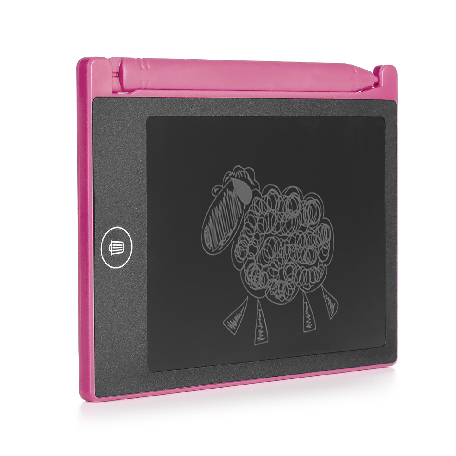 Tavoletta di scrittura elettronica rosa con una pecora disegnata. Lo schermo è nero.