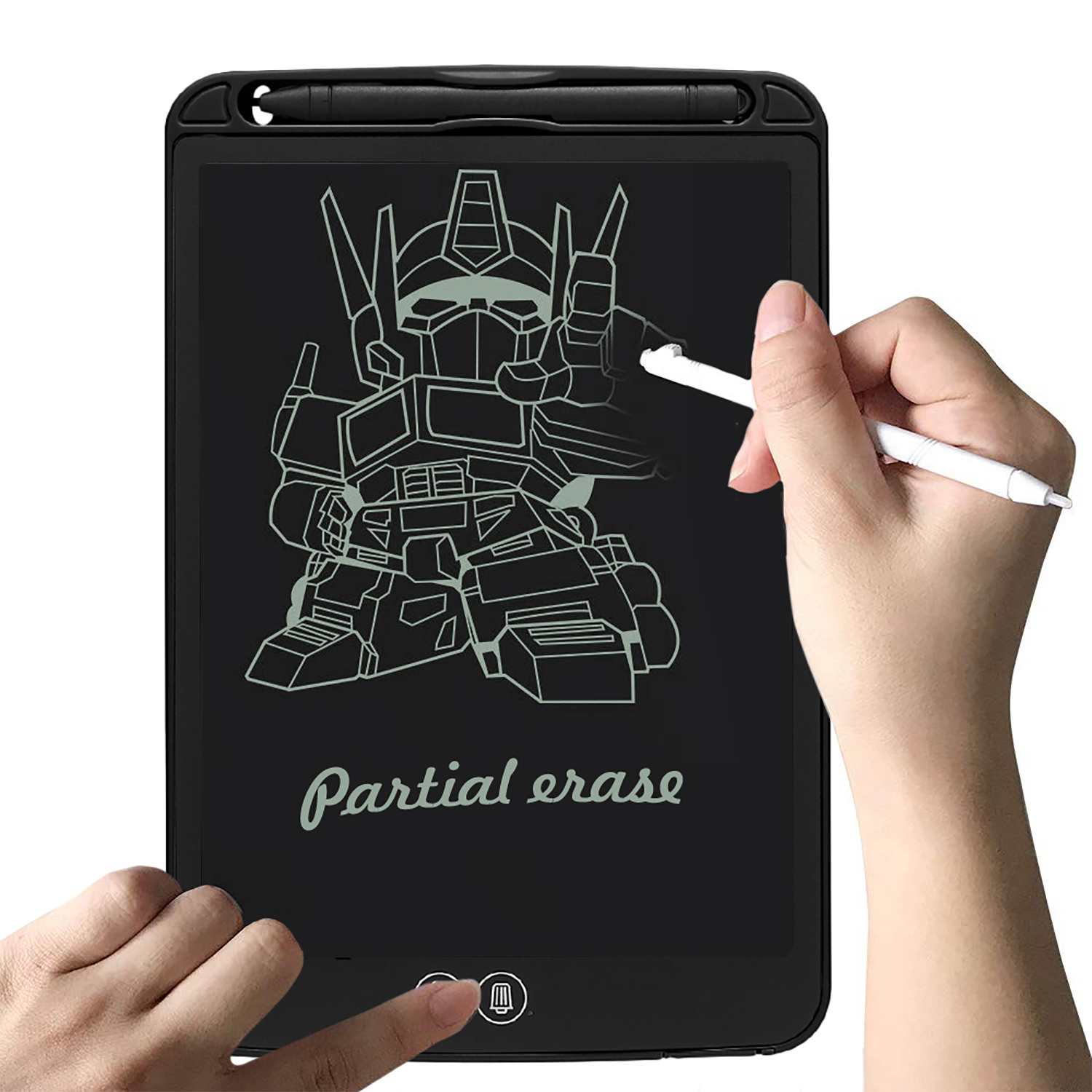 Tavoletta grafica nera con disegno di robot, mano che tiene una penna.