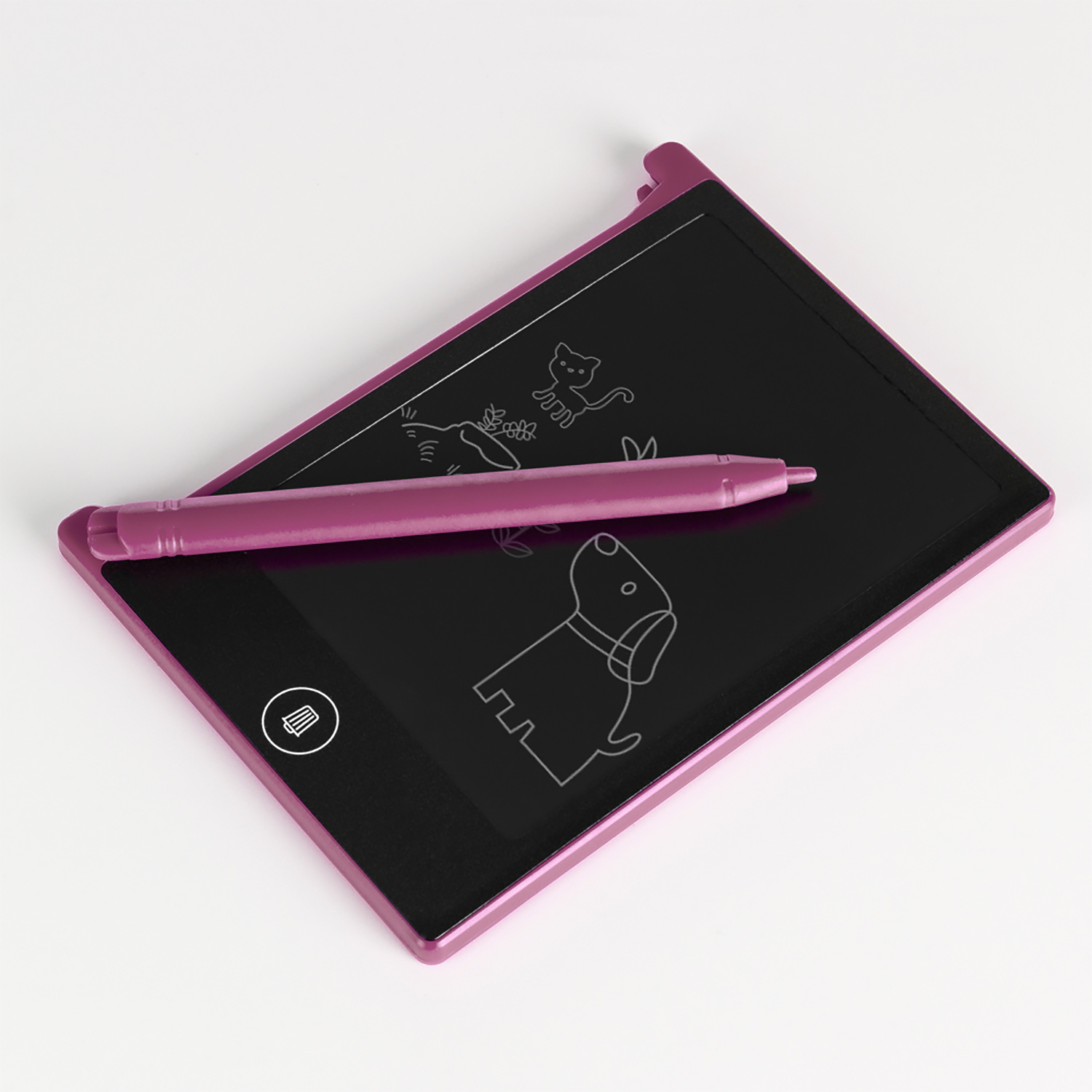Tavoletta grafica rosa con stilo, disegni di cani e gatti sullo schermo.