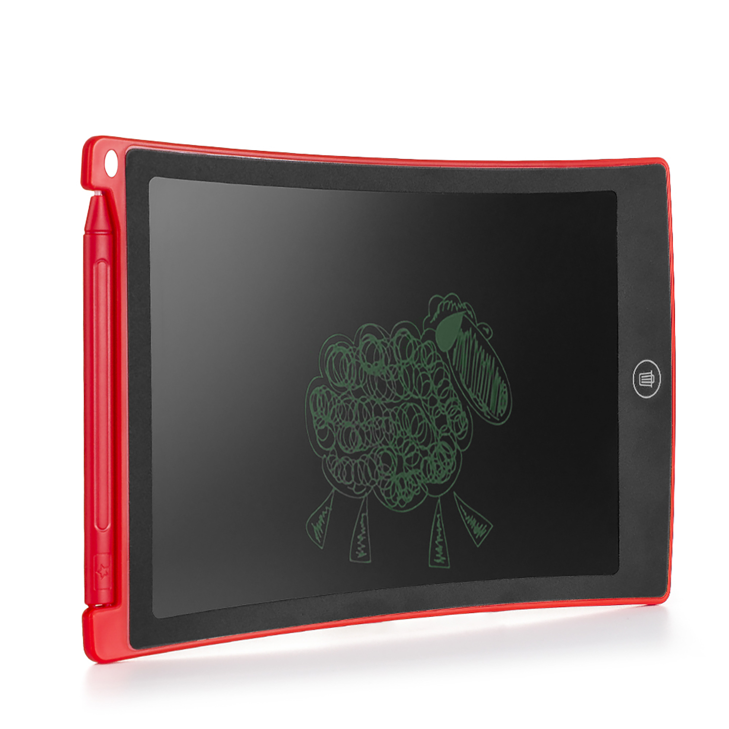 Tablet rosso con disegno di pecora sullo schermo e penna attaccata al lato.