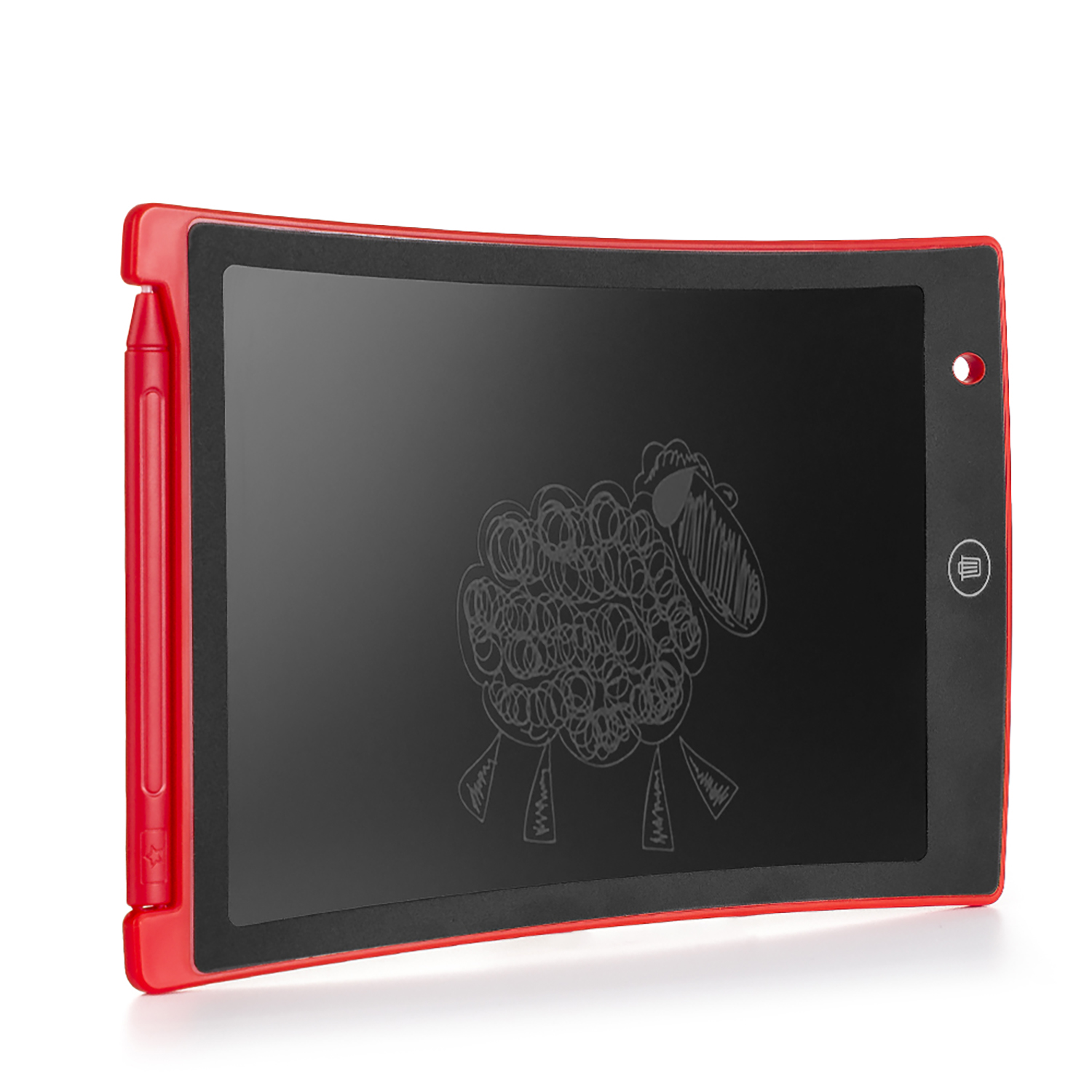 Tablet con cornice rossa con schermo nero e scarabocchio di pecora disegnato.