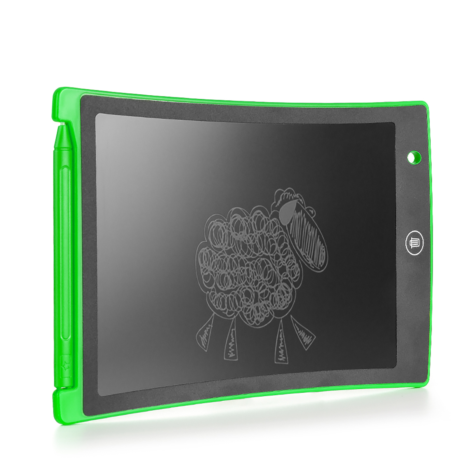 Tavoletta per scrittura digitale con cornice verde che mostra un disegno di pecora su sfondo bianco.