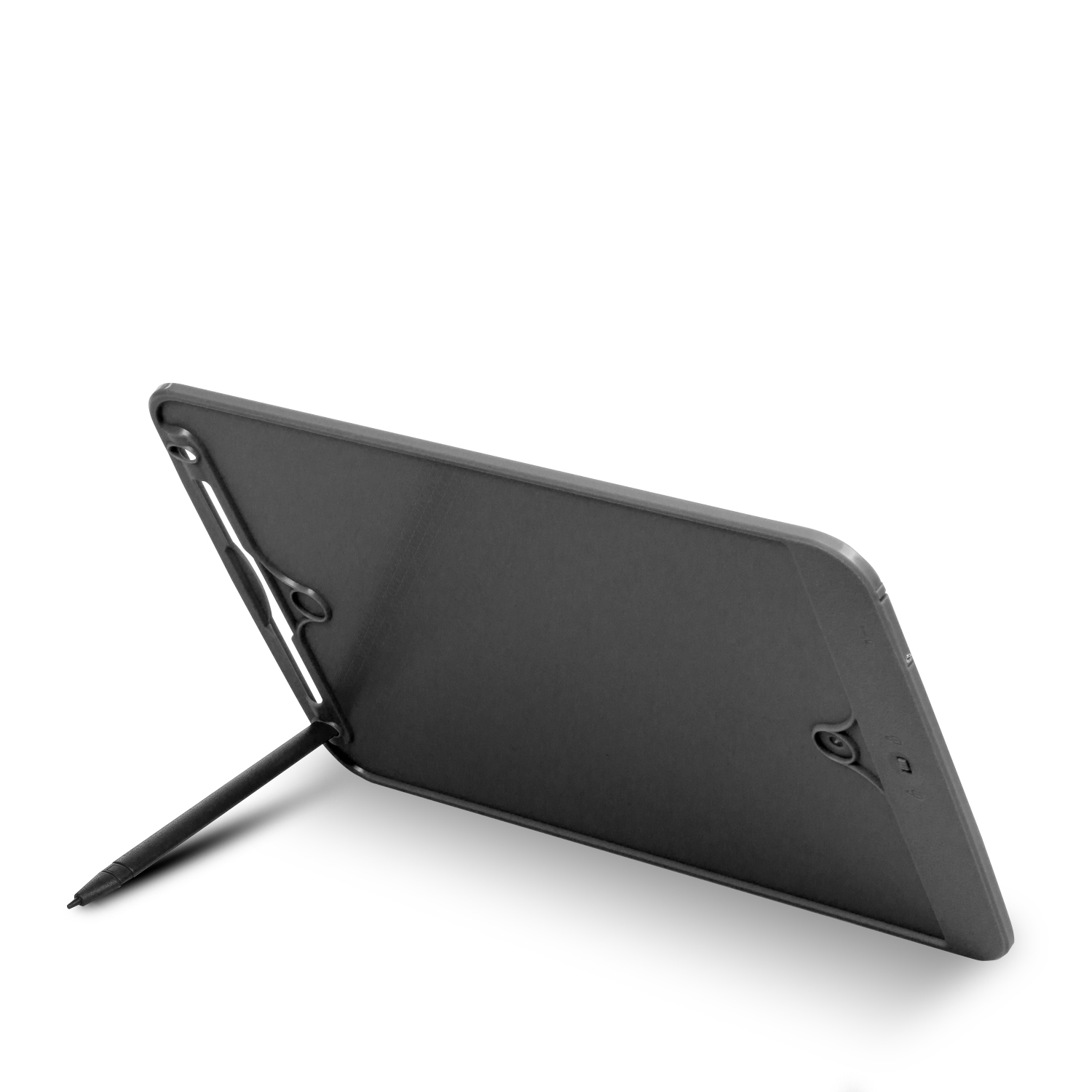 Un tablet nero con penna appoggiato su sfondo bianco, mostra il retro del tablet.