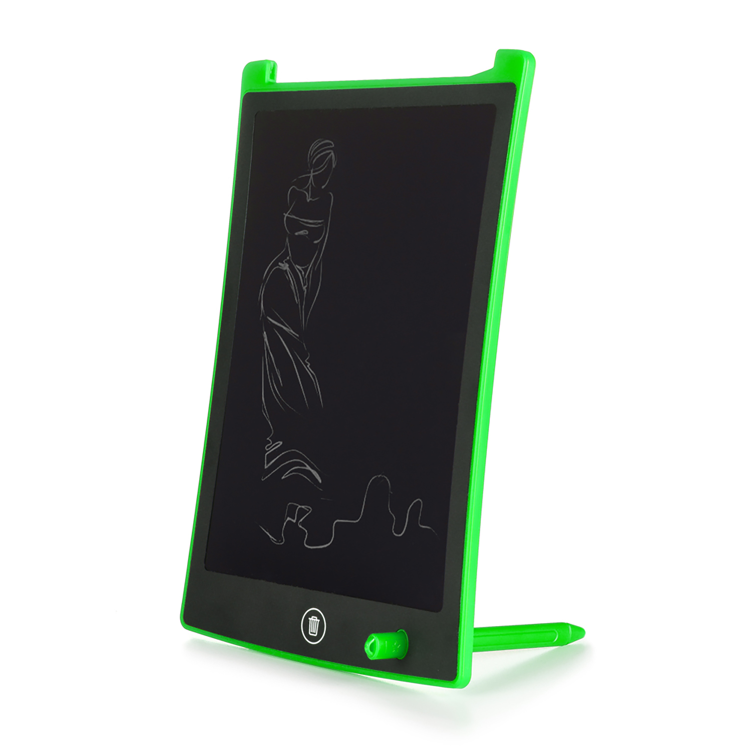 Tavoletta grafica verde e nera. Pennino laterale. Silhouette di donna disegnata sullo schermo.