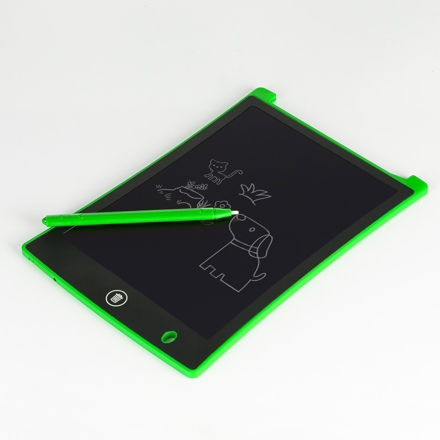 Una tavoletta di scrittura elettronica verde e nera con disegni di un cane e un gatto.